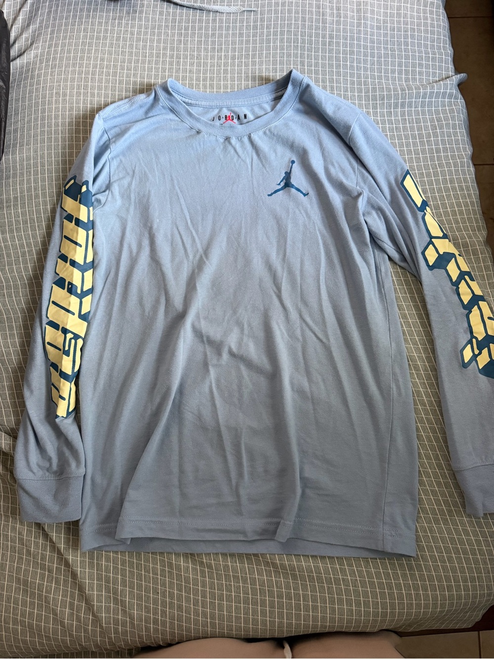 Jordan Men’s Light Blue Long-Sleeve Tee with Yellow Sleeve Graphics